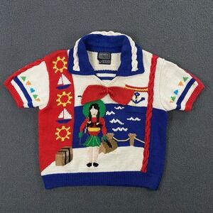 Berek Marta D Sweater Womens Medium Hand Knit Girl Travel Sail Boat Bow VTG 80s